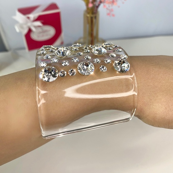 Clear Acrylic Swarovski Crystal Embellished Wide Chunky Cuff Bracelet for Women - Picture 11 of 17